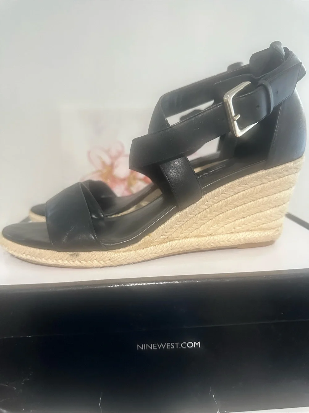Nine West Black Leather Espadrille Wedge Sandals with Crisscross Straps